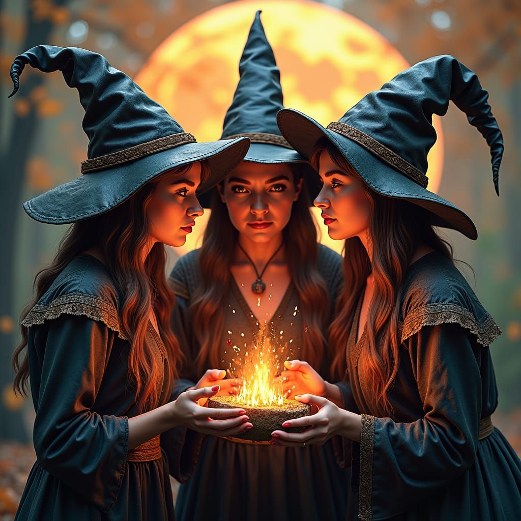 Three Witches Celebrate Harvest Season