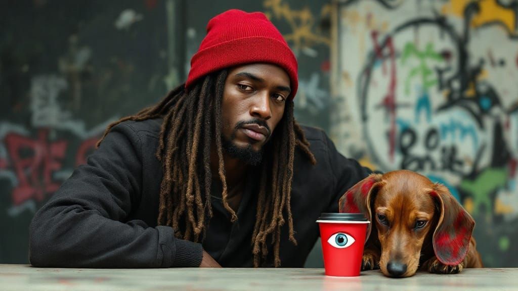 Man in Contemplative Mood with Red Coffee Cup and Dachshund...
