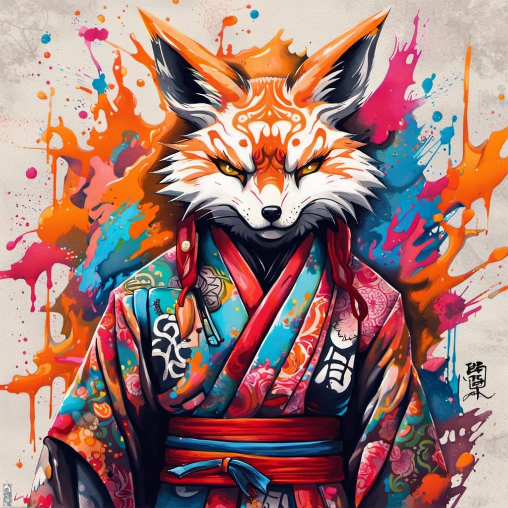 Kitsune Warrior in Kimono: Graffiti Splash Art