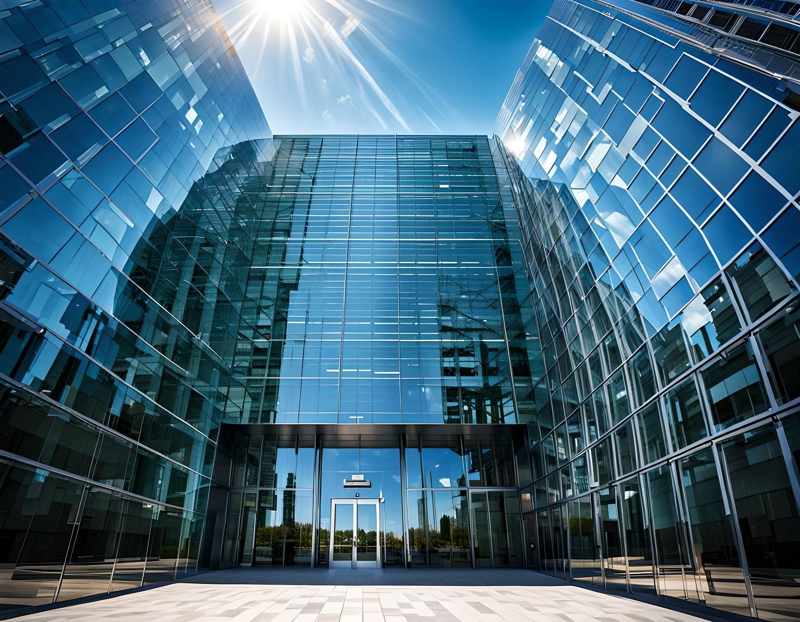 Sunlit Glass and Steel Corporate Building Entrance