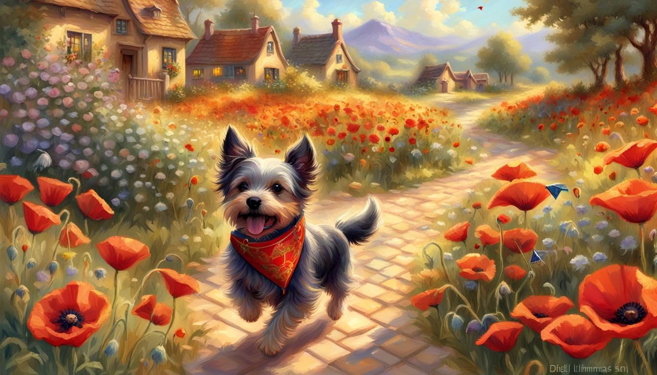 Whimsical Dog Running with Kite on Sunny Path
