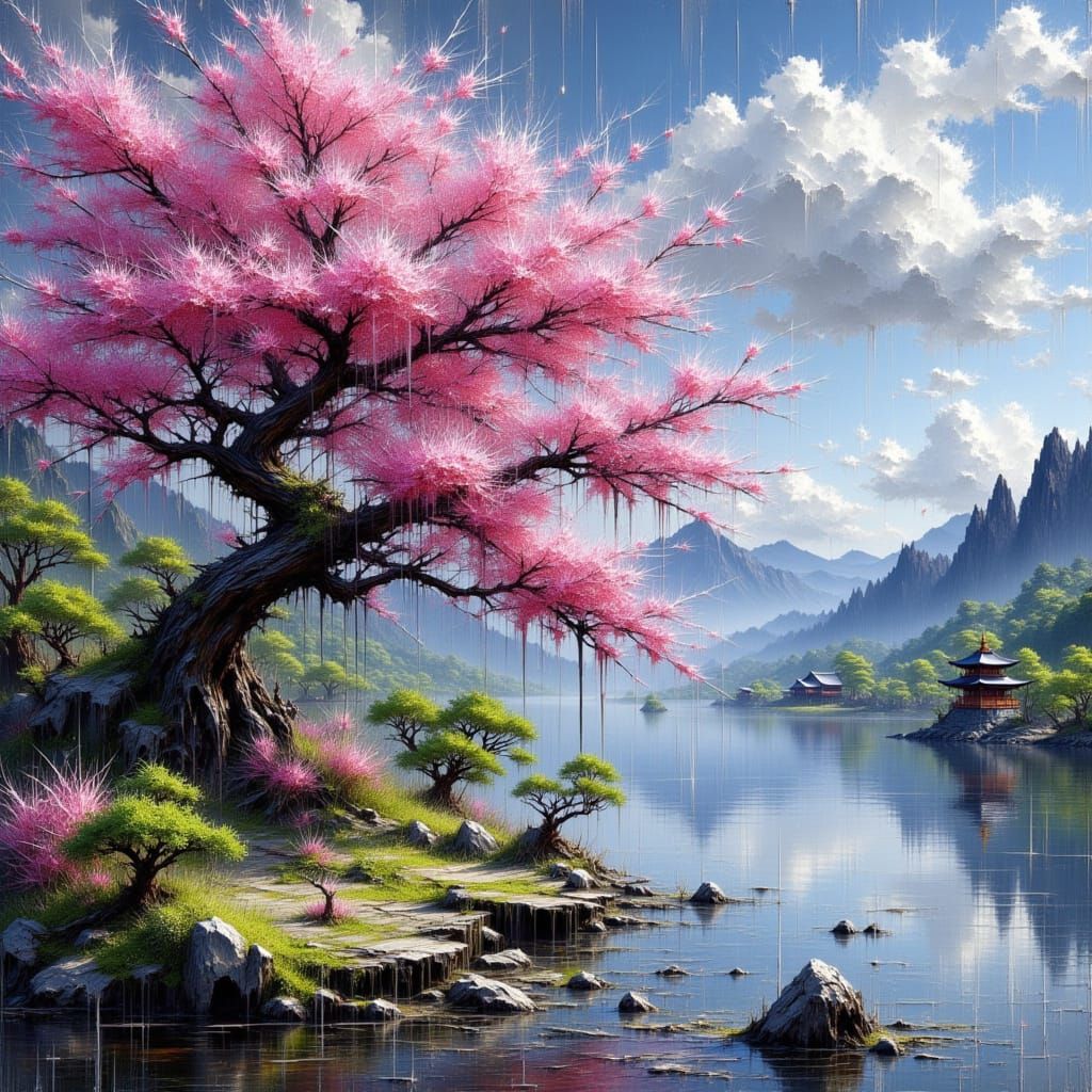 Ancient Sakura Tree by Lake with Temples