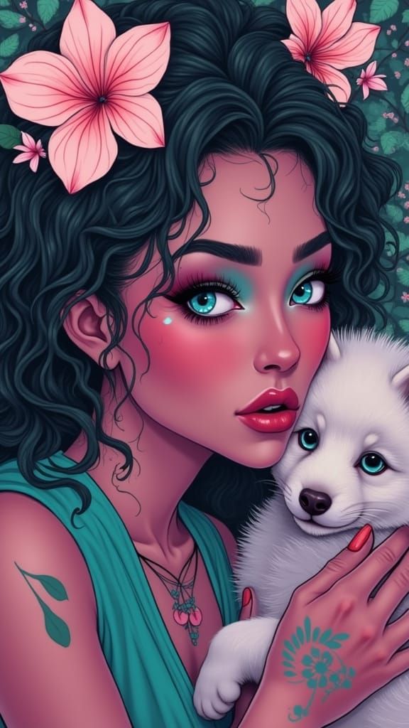 Surreal Portrait of Woman with Wolf Pup in Neon Forest