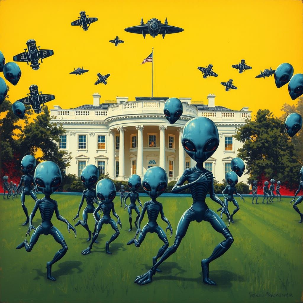 Grey Aliens Descend on the White House in a Triadic Color Sc...