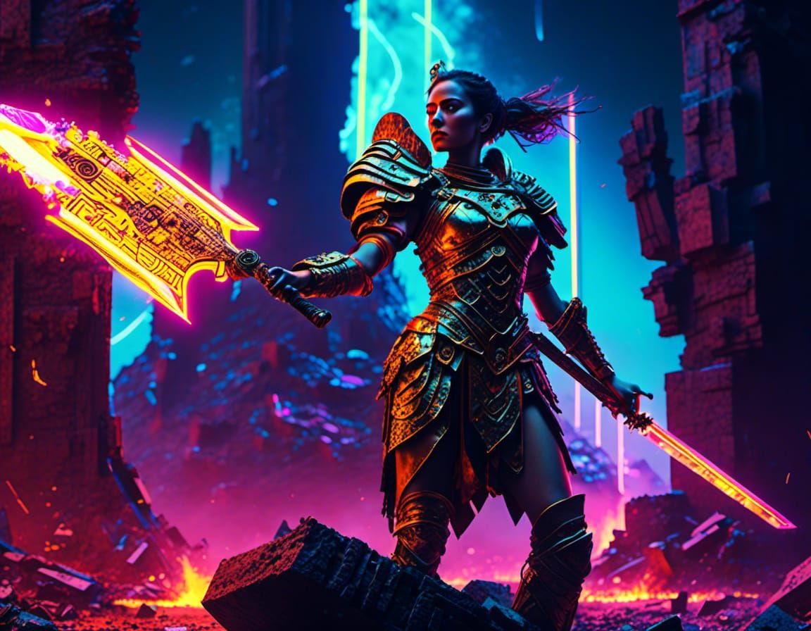 Sci-Fi Battle Scene with Roman Centurion in Neon Colors