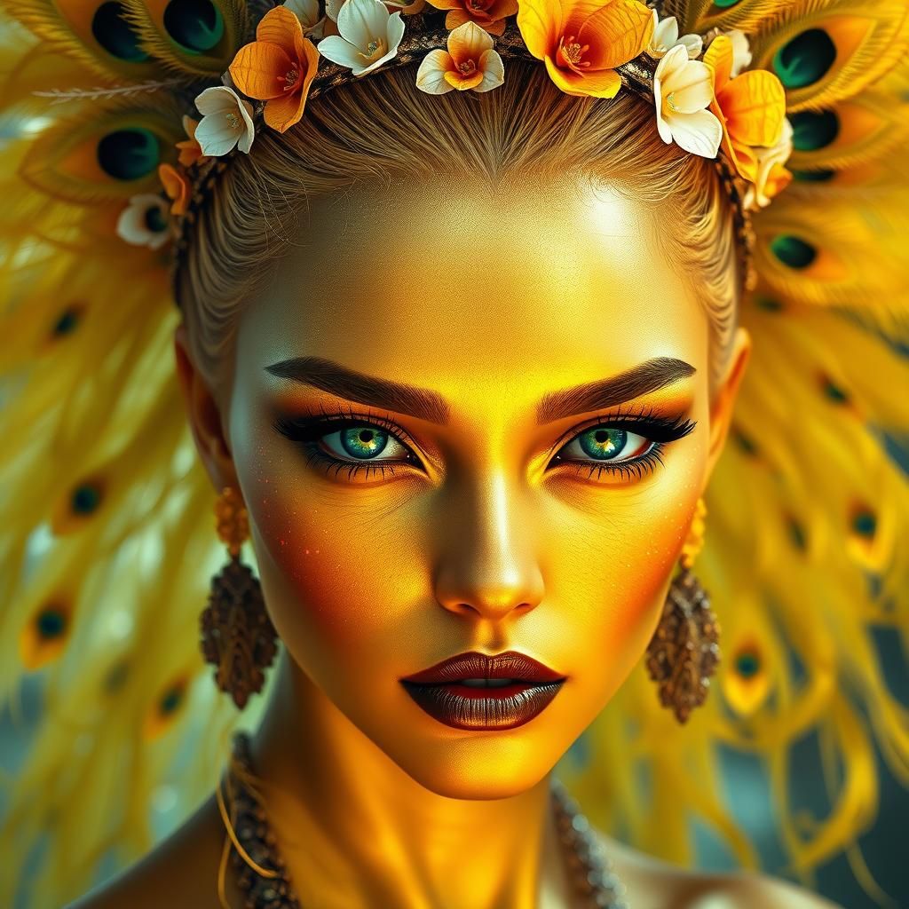 Golden Woman with Peacock Feathers: 3D Render