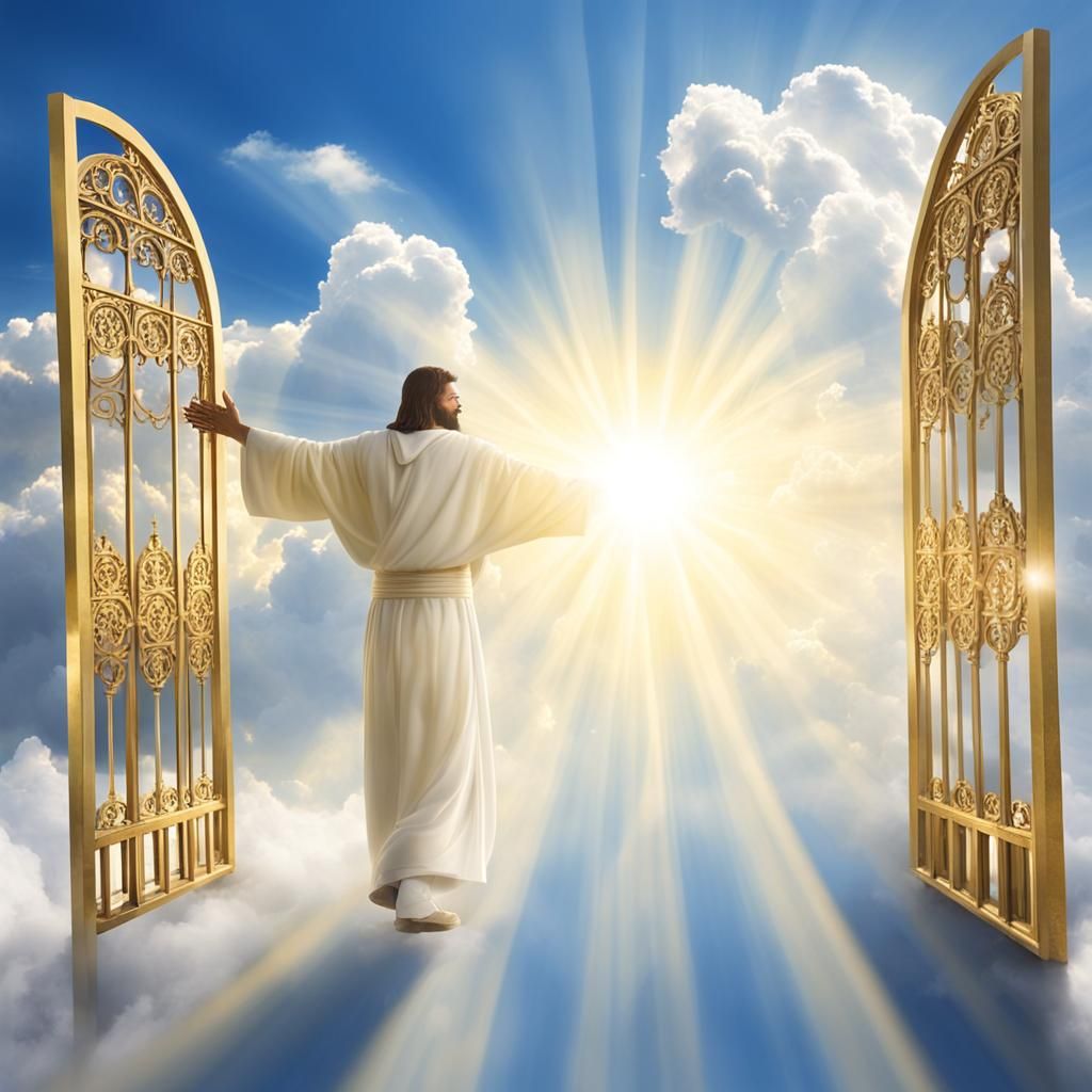 Jesus Welcomes Soul at Heaven's Golden Gates