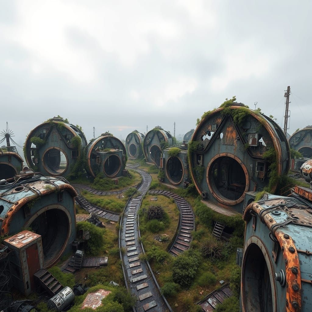 Futuristic Abandoned Village with Chrome and Iron Architectu...