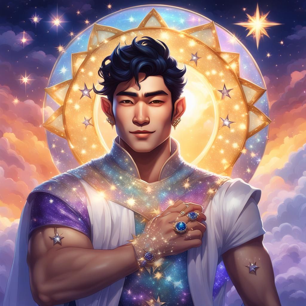 Elf Holding the Sun in a Sunset Sky