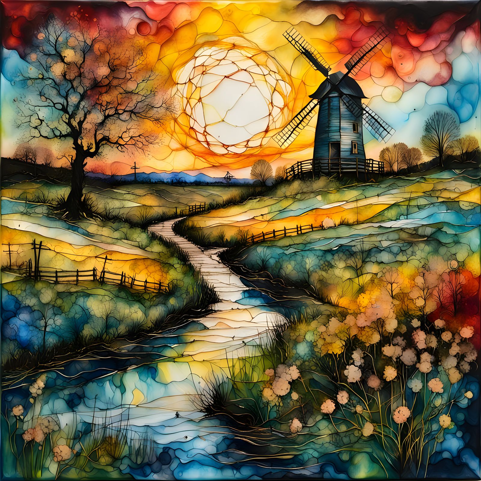 Encaustic Spring Landscape in Van Gogh Style