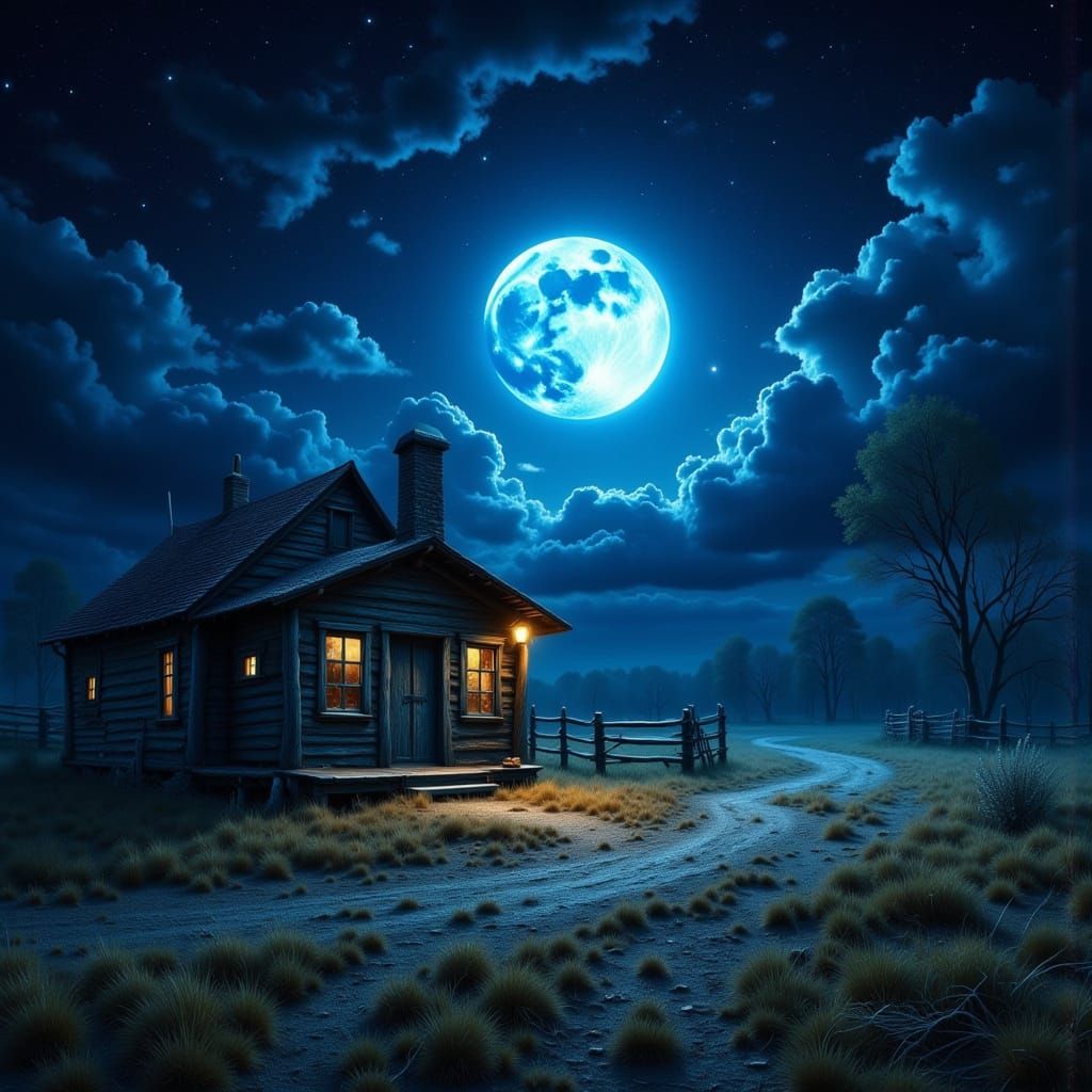 Rustic Shack Under Ethereal Blue Moon, American Gothic Style
