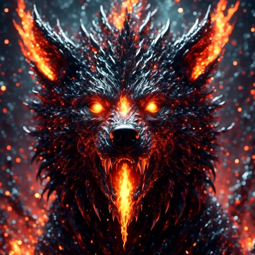 Hell Hound with Flaming Eyes and Spiked Collar