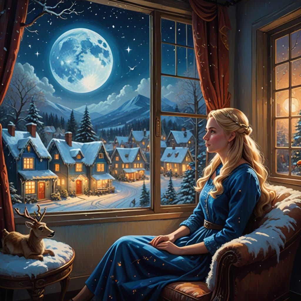 Masterpiece Oil Painting of Girl in Blue Dress, Winter Villa...