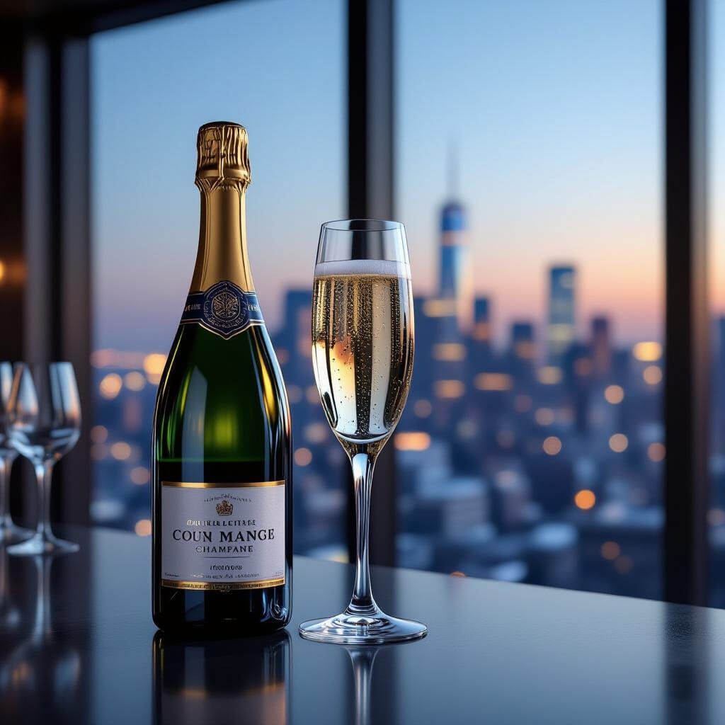 Champagne Bottle and Glass on Bar with City Skyline