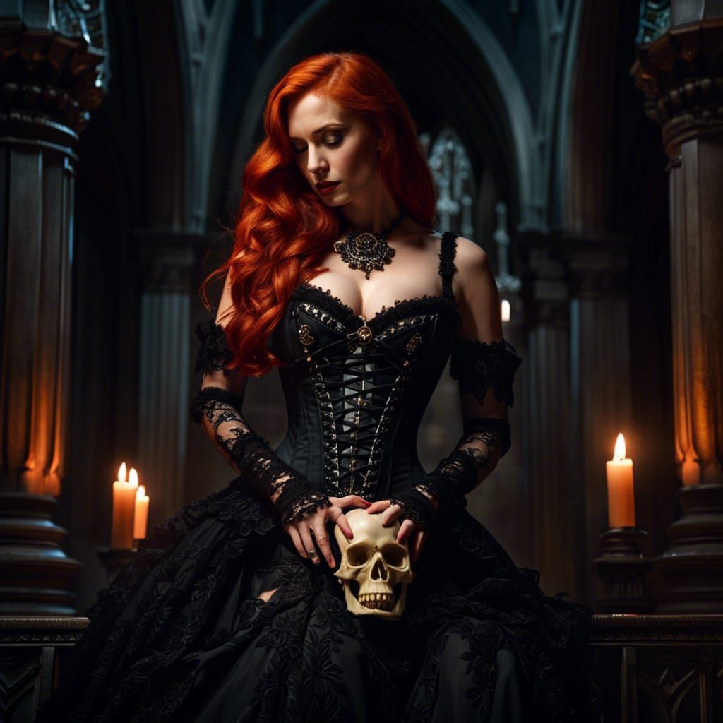 Redhead Vampire with Skull in Gothic Cathedral