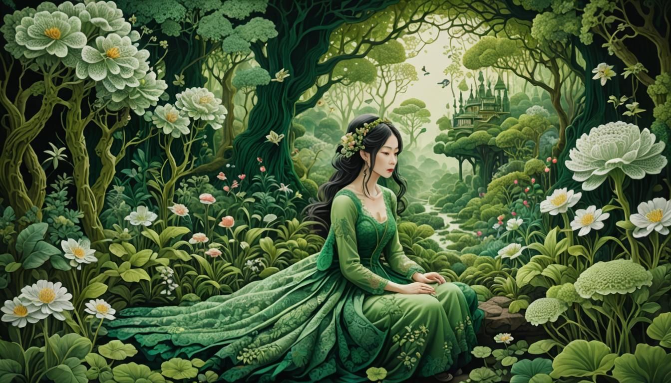 Woman in Magical Garden with Lace Flowers and Green Ink