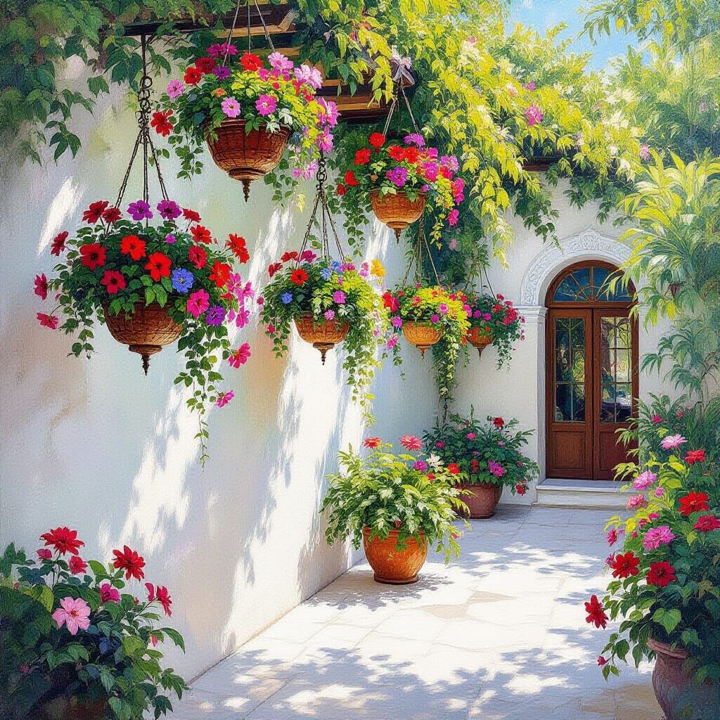 Hanging Gardens in Elegant Courtyard: Impressionist Art