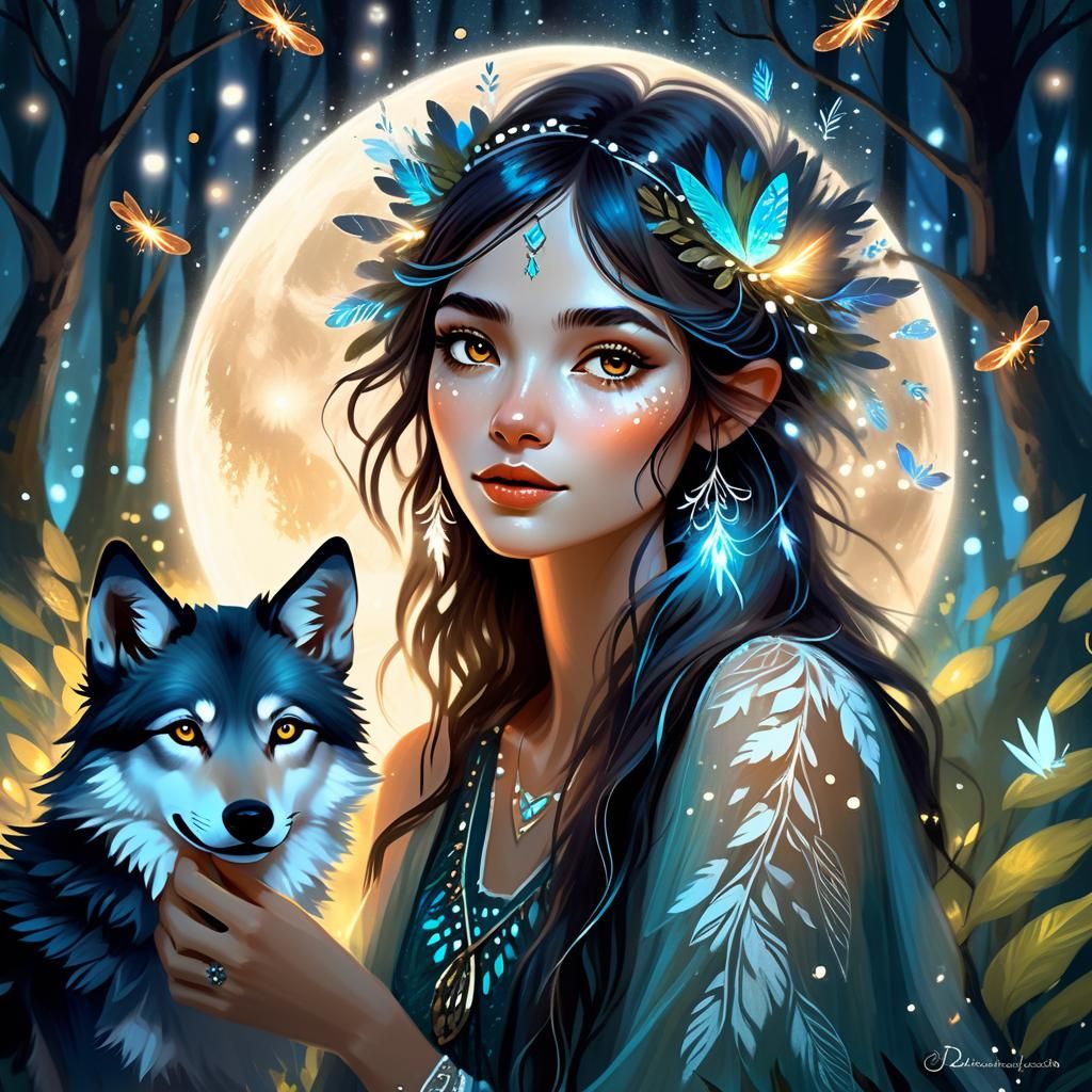 Bohemian Pixie and Wolf Pup in Mystical Forest