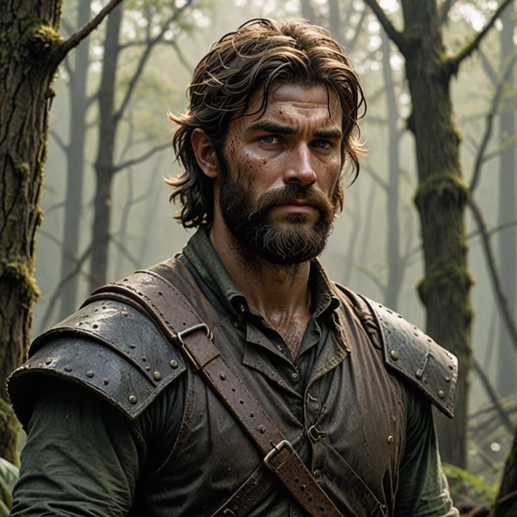 World-Weary Swamp Ranger with Dark Hair and Unkempt Beard