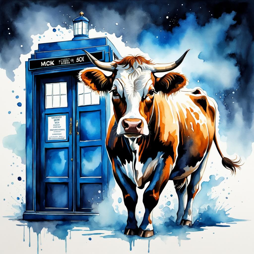 Cow Exiting TARDIS: Ink and Watercolor Sketch