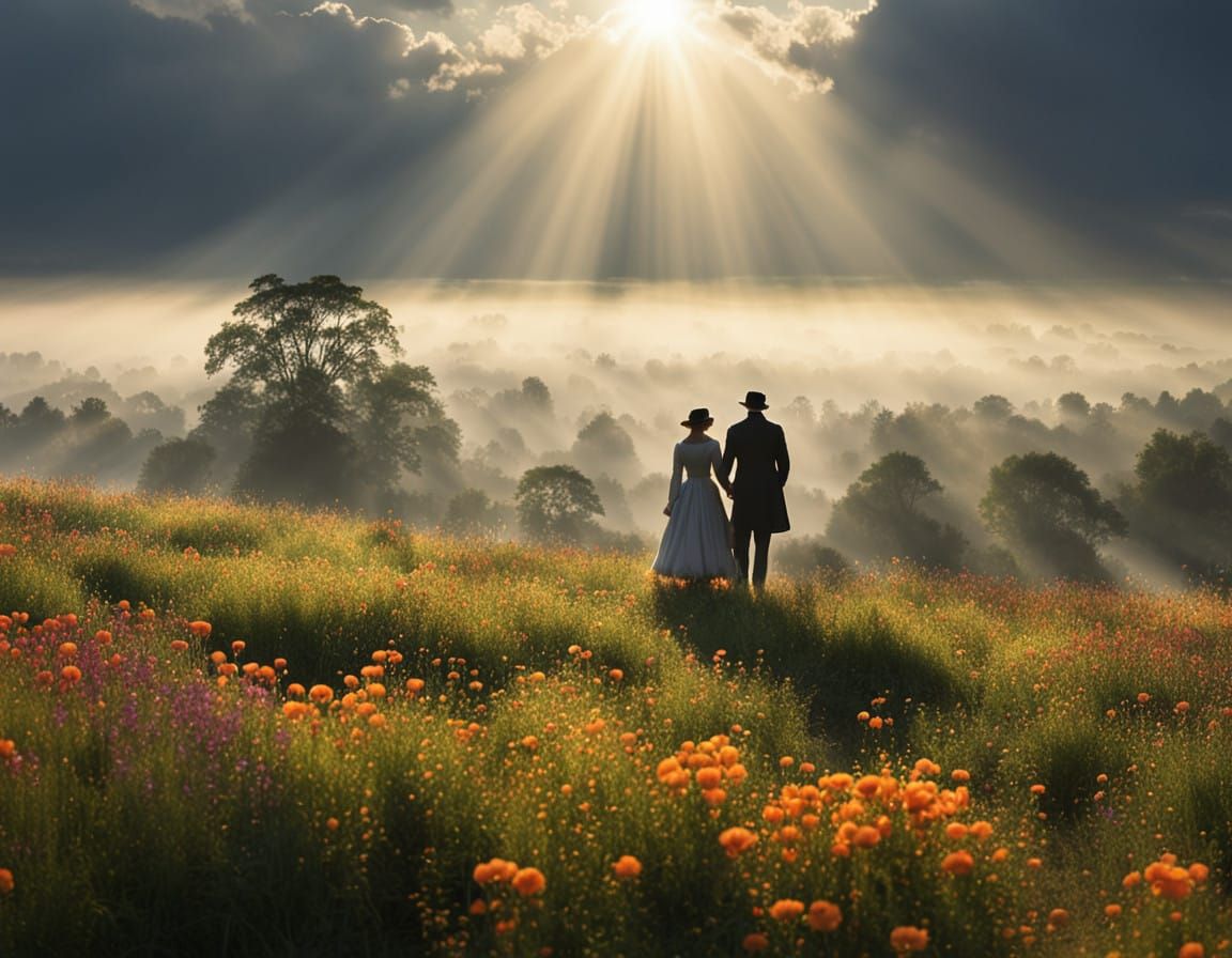 Couple Silhouetted in an 18th Century Inspired Landscape