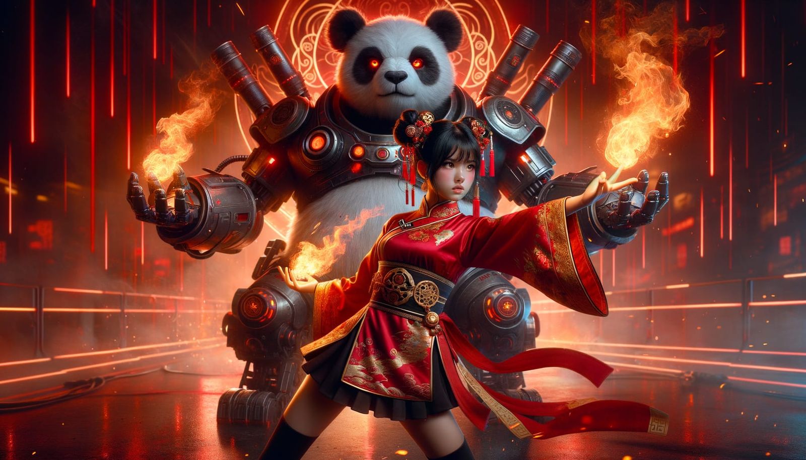 Fiery Asian Girl and Rocket Panda in Action