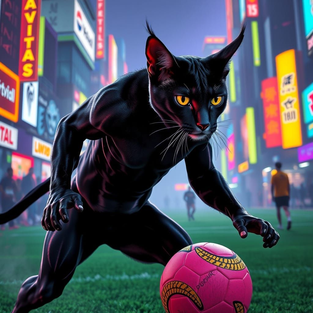 Serval Cat Plays Soccer in Neon Cityscape