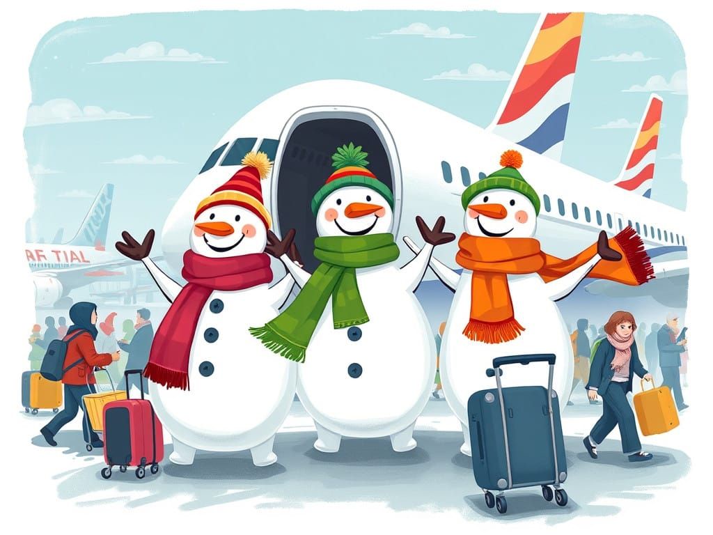 Whimsical Winter Snowmen Arrive at Airport in Brightly Color...