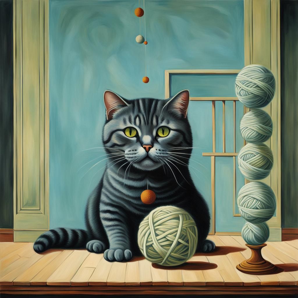 Surreal Cat and Yarn Ball, Magritte Style