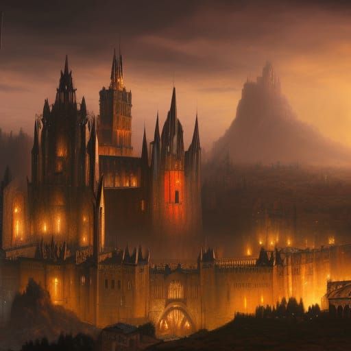 Fantasy Medieval City with Cathedral, Detailed Matte Paintin...