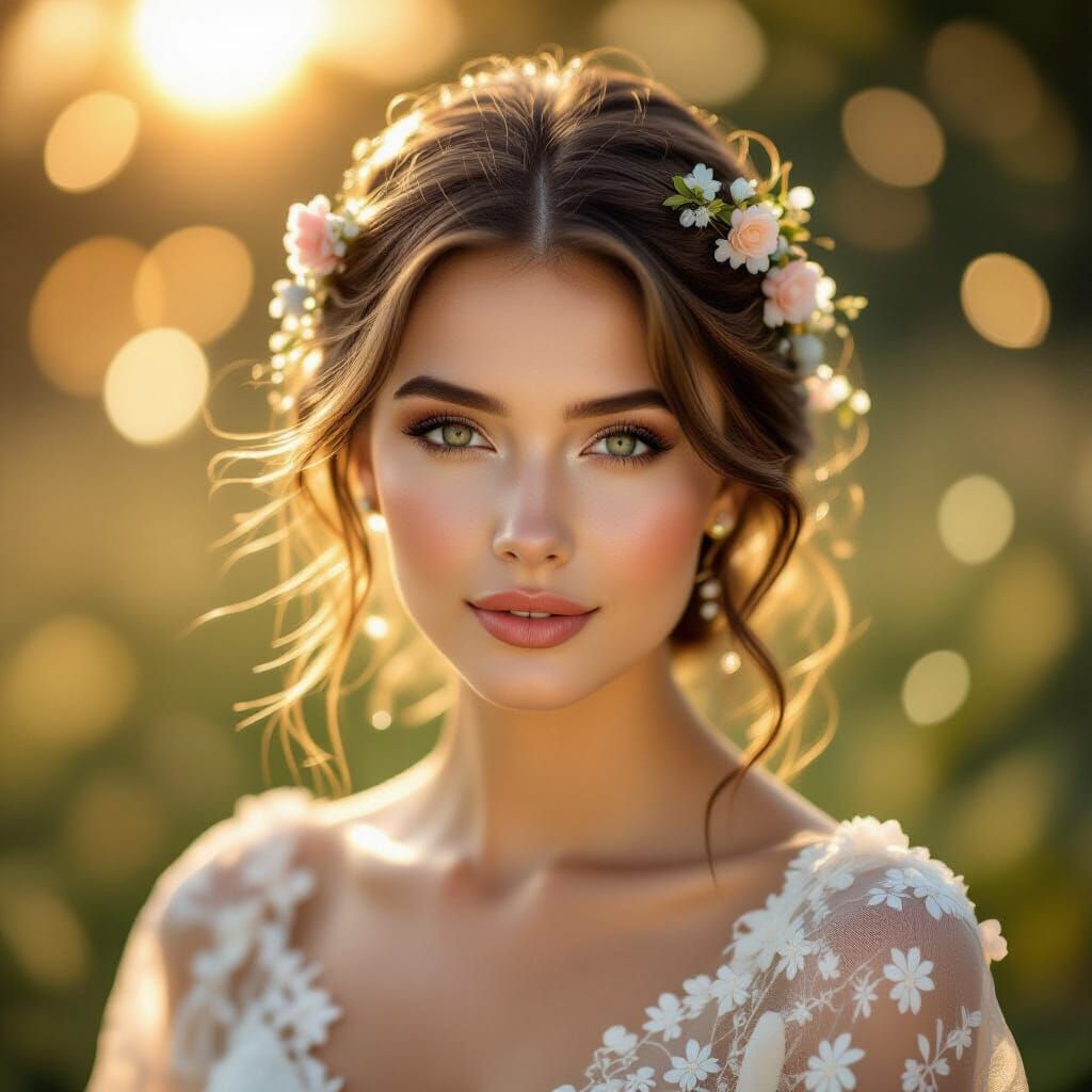 A mystical portrait of a serene woman adorned with floral ac...