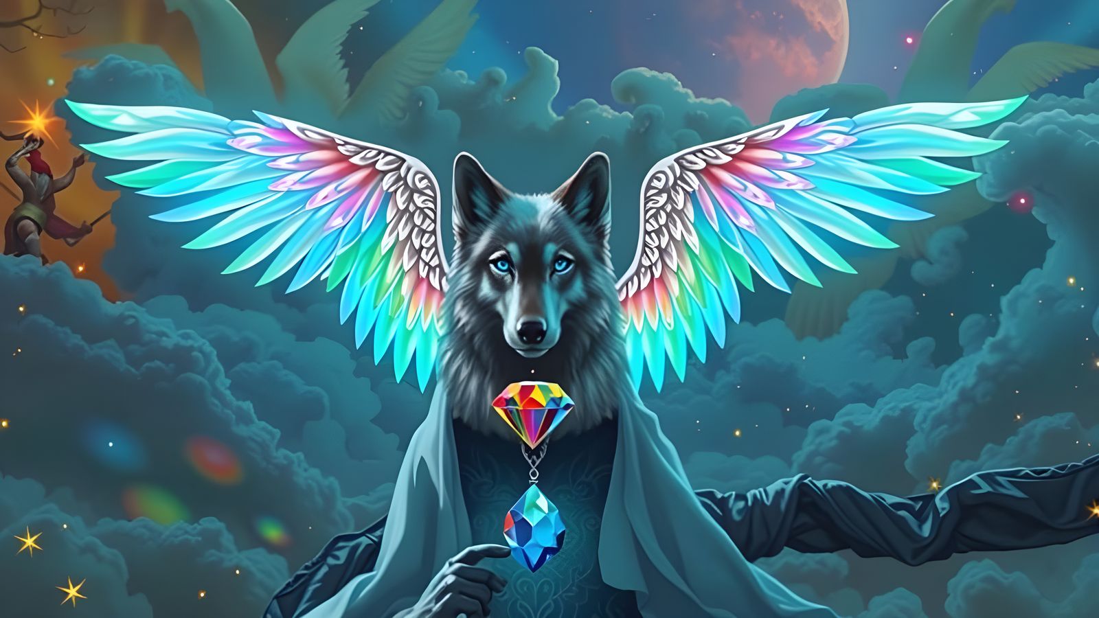 Majestic Angelic Wolf with Bioluminescent Wings