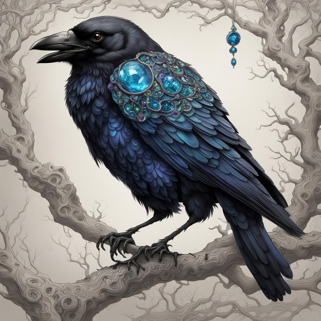 Jeweled Crow Man on Branch Pen and Ink Drawing