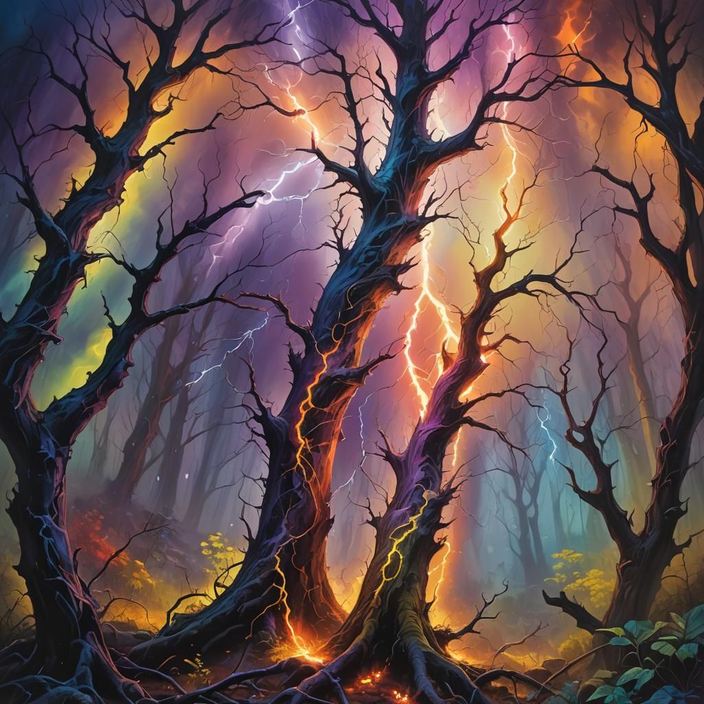 Rainbow Lightning Bolt in Mystical Forest, Surreal Oil Paint...