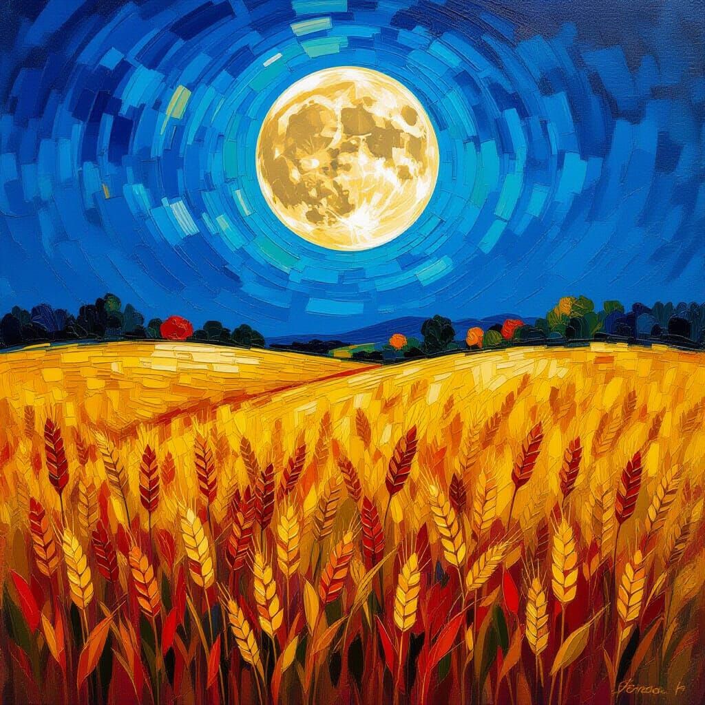 Full Harvest Moon Over Golden Wheat Field