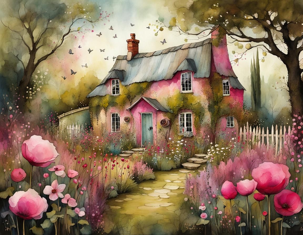 Pink Cottage Garden Illustration in Whimsical Style