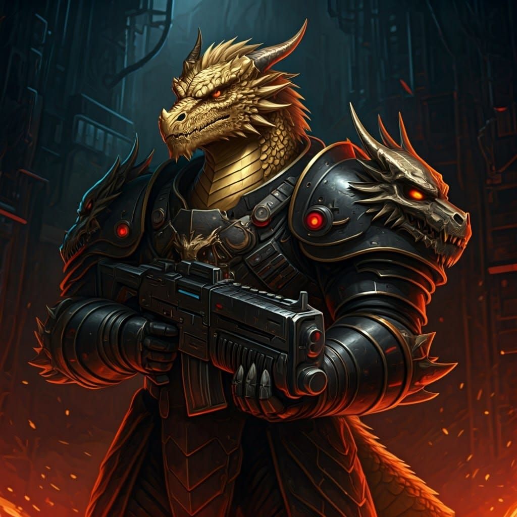 Dragon Warrior in Cyberpunk Battle Scene