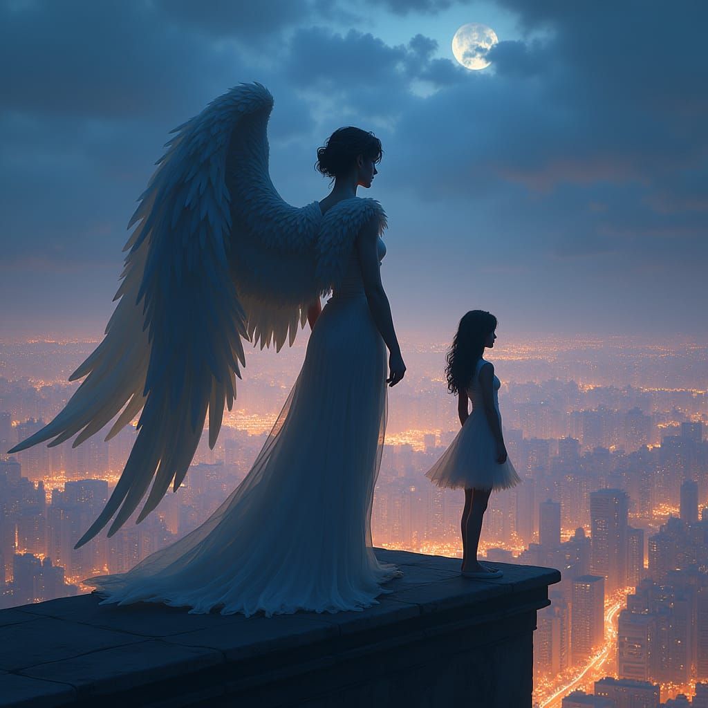 Angelic Figures Gaze Upon Metropolis: Fantasy Concept Art