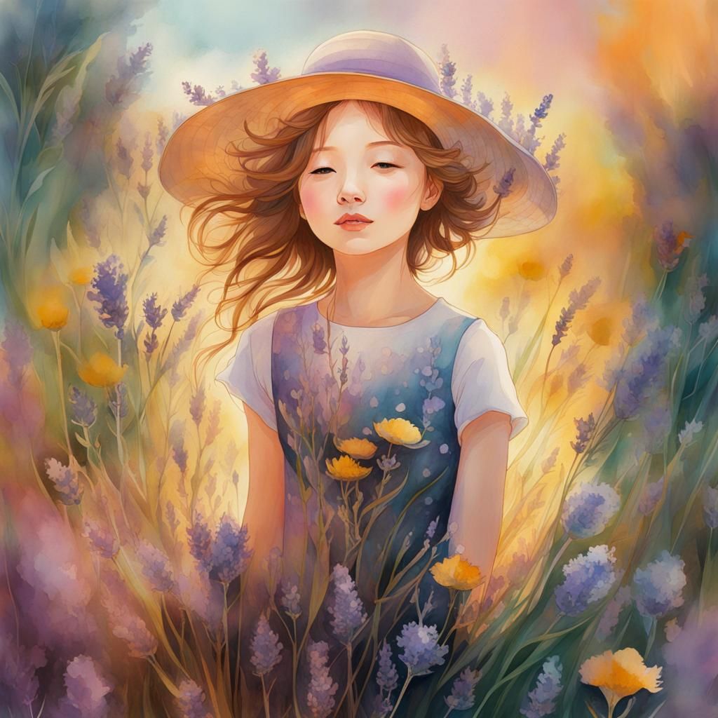 Woman and Lavender Field in Watercolor Illustration