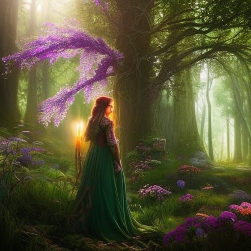Magical Witch in Forest, Ethereal Digital Painting