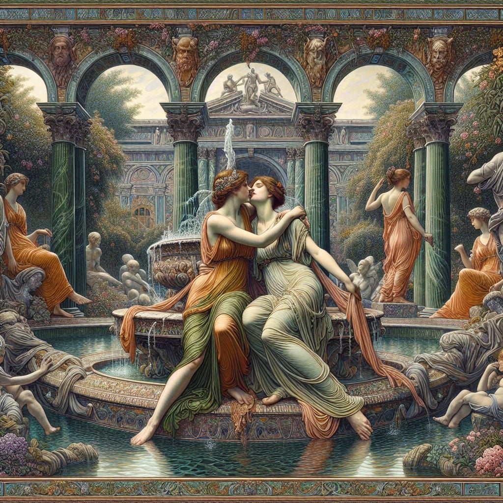 Art by John William Waterhouse, romantic scene, two Roman wo...