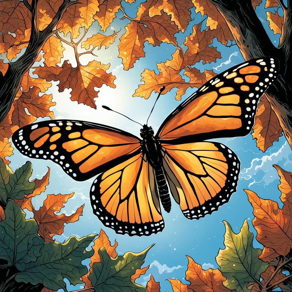Giant Monarch Butterfly in Dappled Light, Comic Book Art