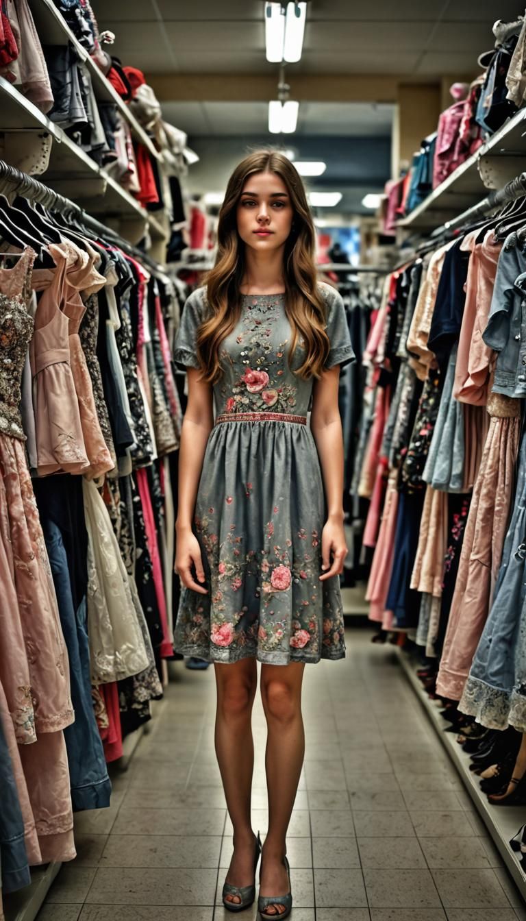 Hyperrealistic Portrait of Woman Trying on Dress