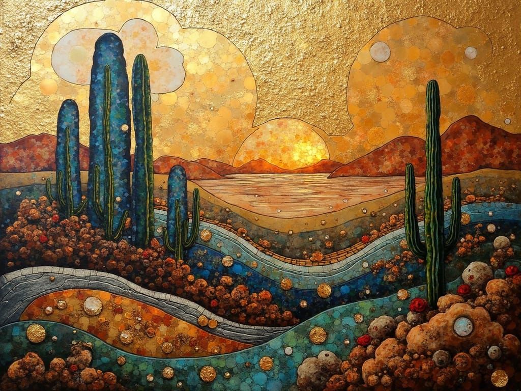 Mixed Media Alien Landscape in Mosaic Style