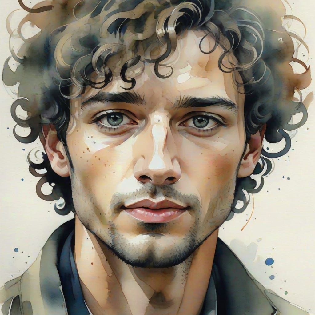 Watercolor Portrait of a Curly-Haired Young Man