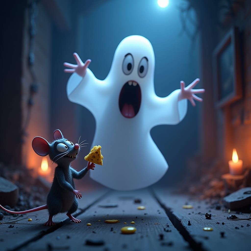 Cartoon Ghost Scared by Evil Mouse in Haunted House
