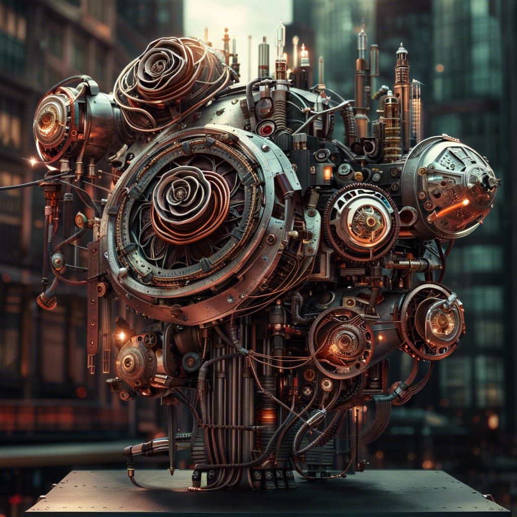 Steampunk Cyborg Rose in Cyberpunk Cityscape