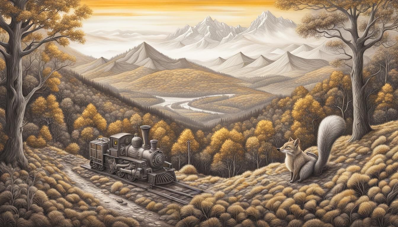 Mountain Landscape with Fox and Squirrel in Charcoal