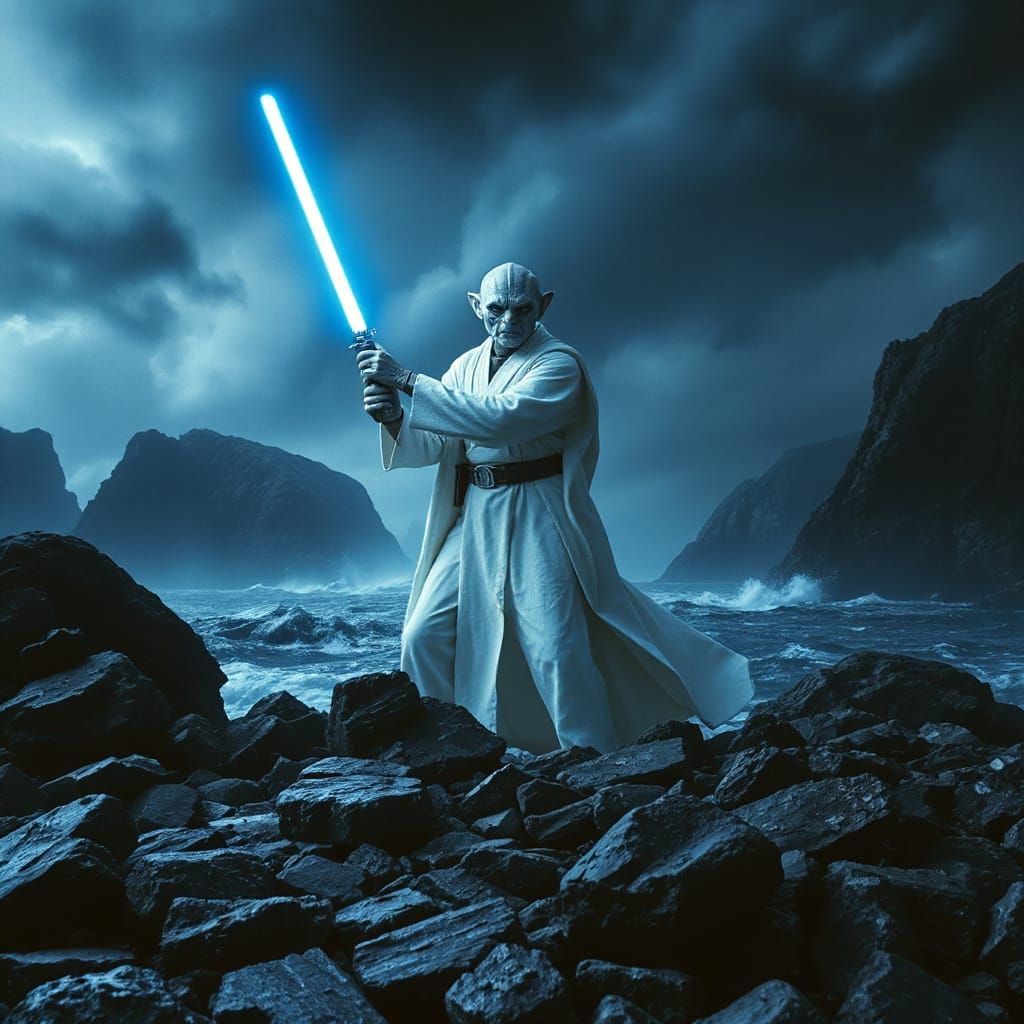 Alien Jedi Knight on Stormy Planet in Cinematic Style