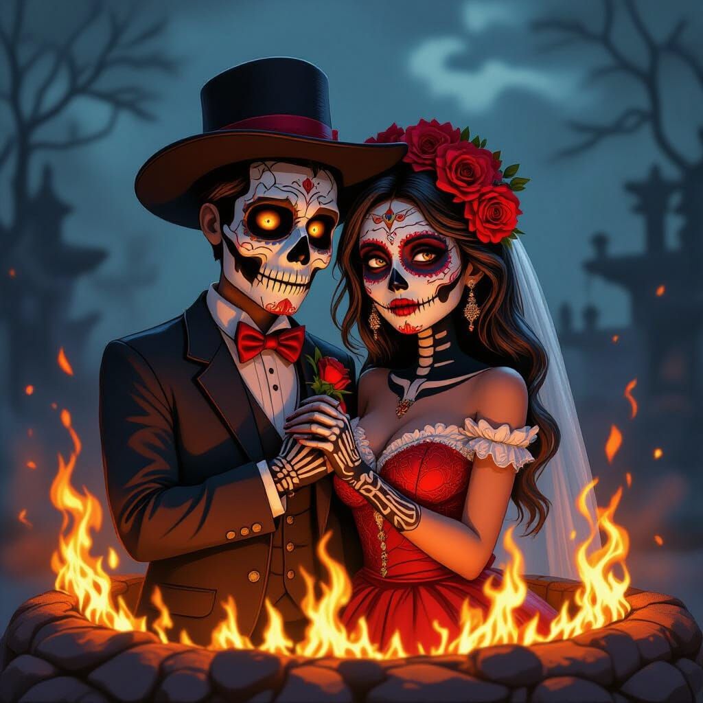 Evil Day of the Dead Couple Embraces Ring of Fire